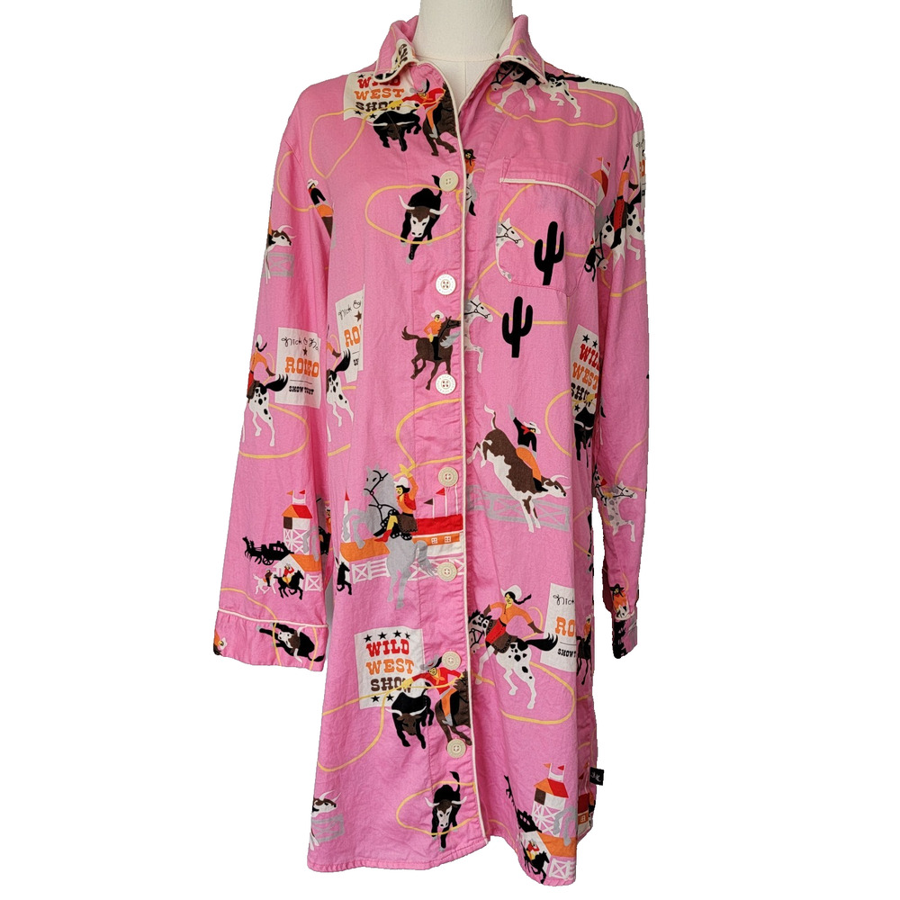 Nick & Nora Pink Rodeo Nightgown Sleep Shirt Sz M Cool Cotton Western Cowboy Y2K